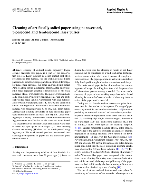 (PDF) Cleaning of artificially soiled paper using nanosecond