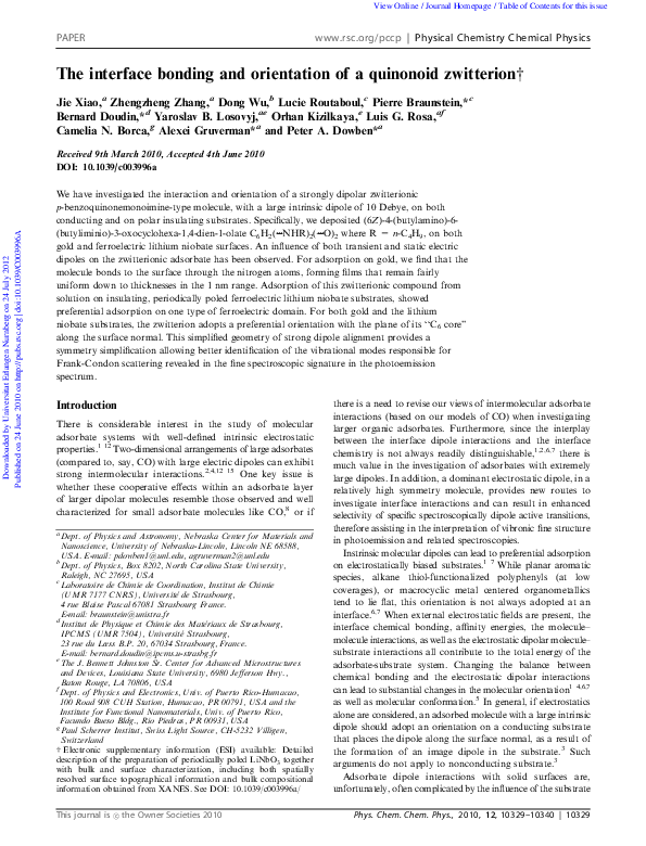 (PDF) The interface bonding and orientation of a quinonoid zwitterion