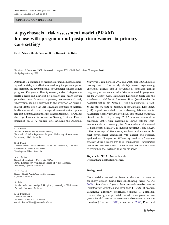 (PDF) A psychosocial risk assessment model (PRAM) for use with pregnant ...