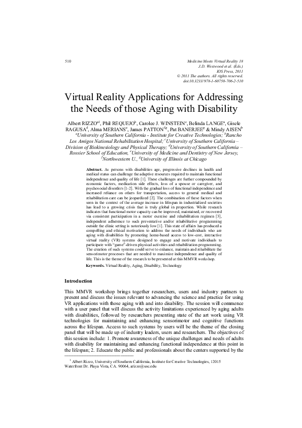 (PDF) Virtual reality applications for addressing the needs of those