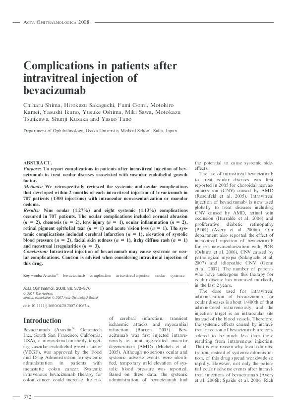 (PDF) Complications in patients after intravitreal injection of bevacizumab