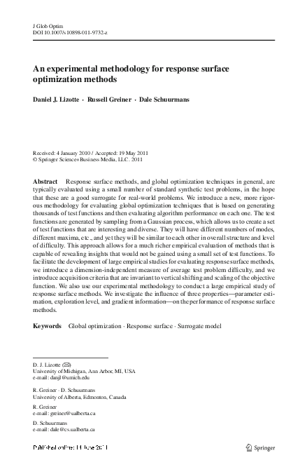 (PDF) An experimental methodology for response surface optimization methods