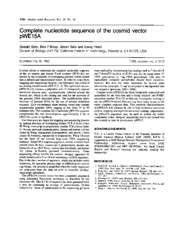 (PDF) Complete nucleotide sequence of the cosmid vector pWE15A