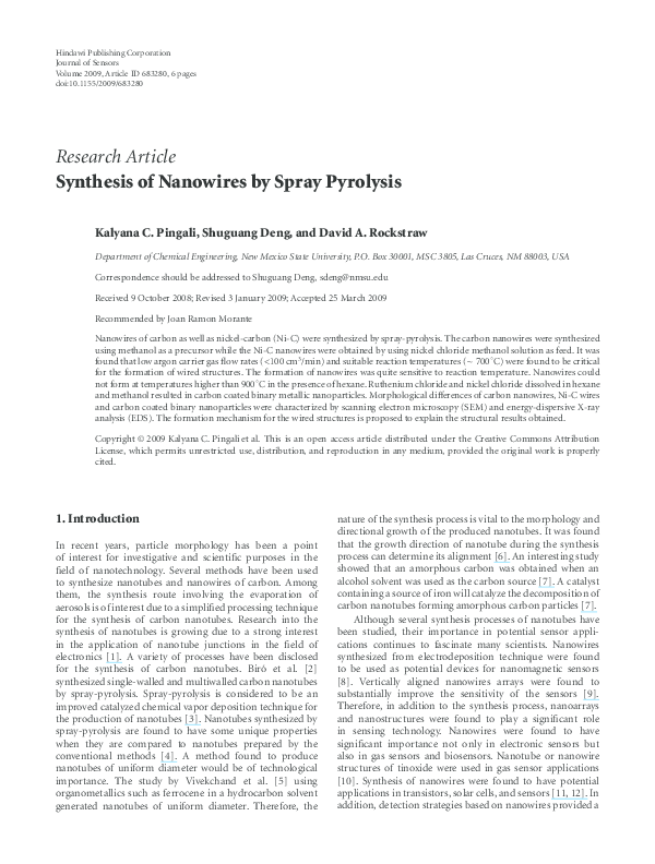 (PDF) Synthesis of Nanowires by Spray Pyrolysis