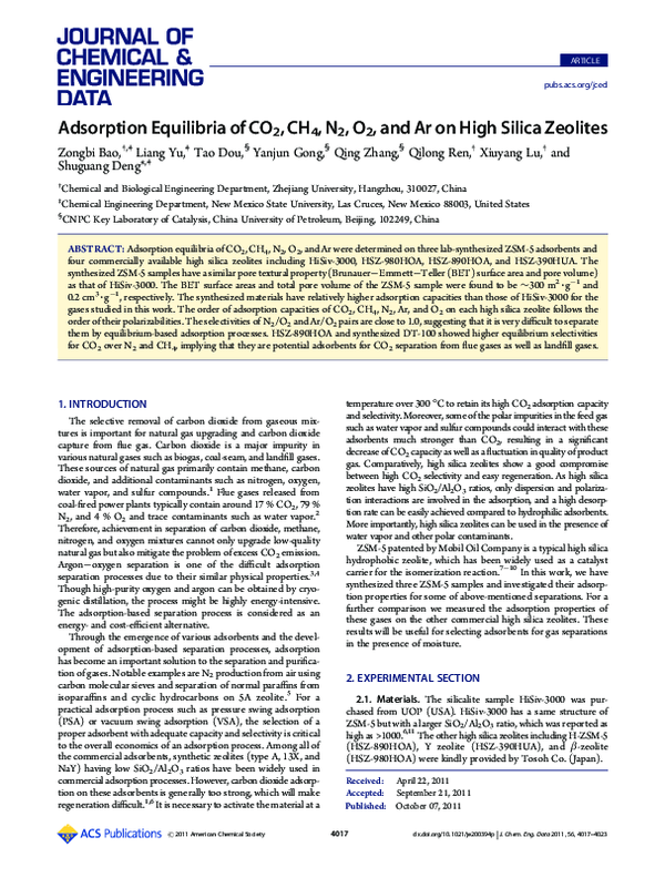 (PDF) Adsorption Equilibria of CO 2 , CH 4 , N 2 , O 2 , and Ar on High ...