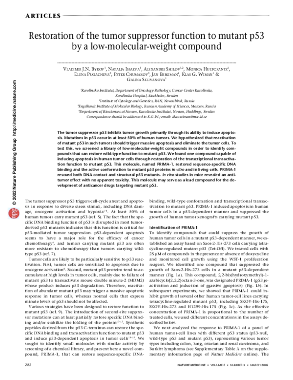 (PDF) Restoration of the tumor suppressor function to mutant p53 by a ...