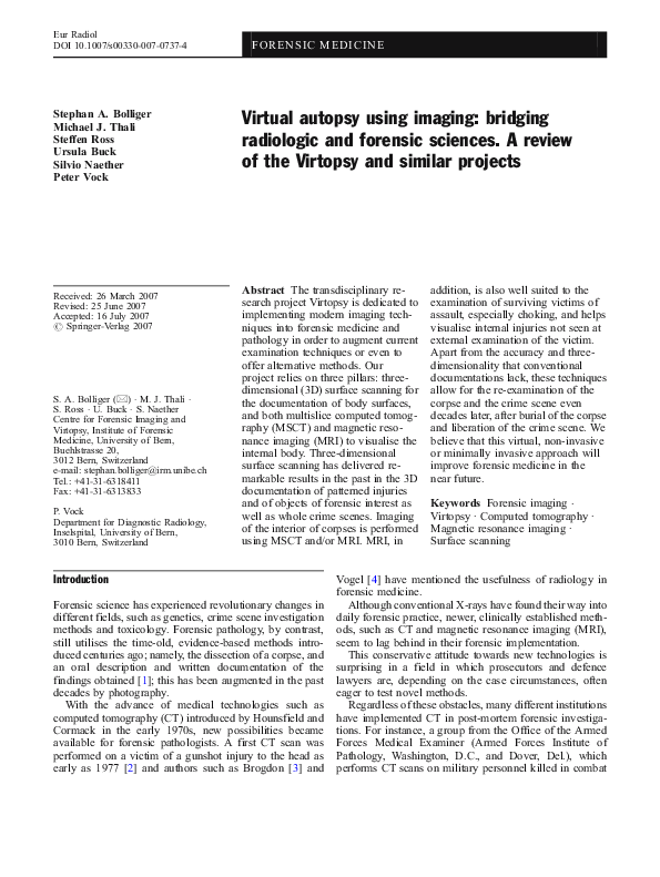 (PDF) Virtual autopsy using imaging bridging radiologic and forensic