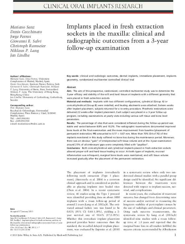(PDF) Implants placed in fresh extraction sockets in the maxilla ...
