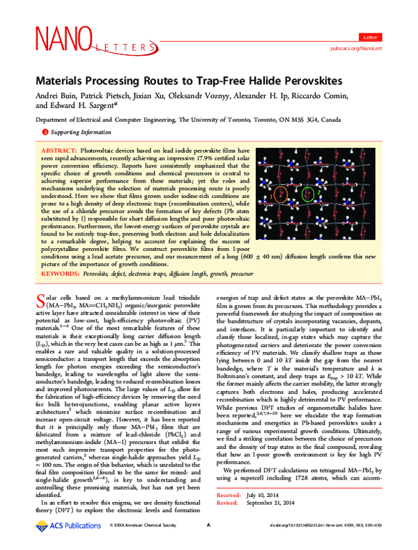 (PDF) Materials processing routes to trapfree halide perovskites