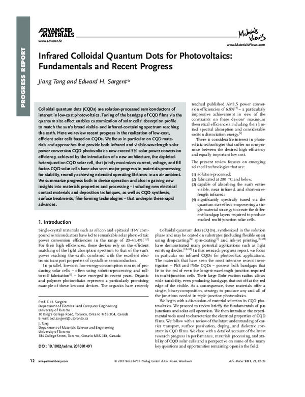 (PDF) Infrared Colloidal Quantum Dots for Photovoltaics: Fundamentals ...