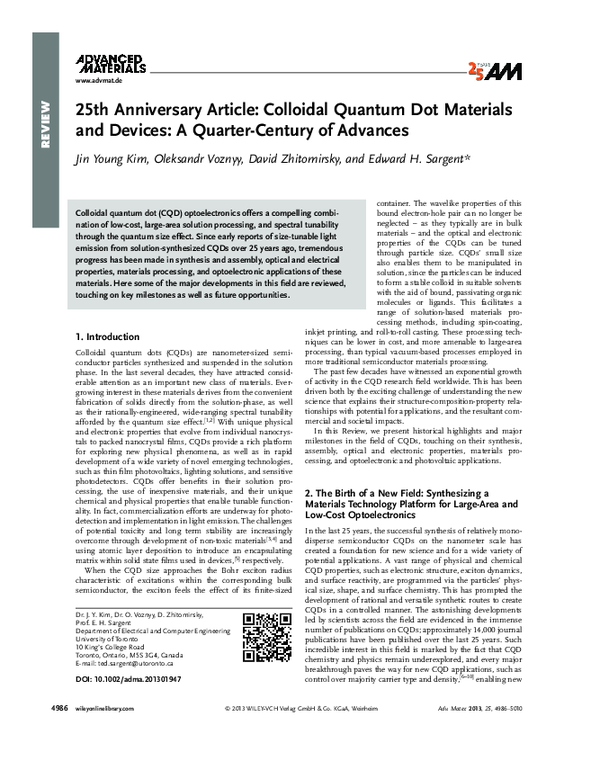 (PDF) 25th Anniversary Article: Colloidal Quantum Dot Materials and ...