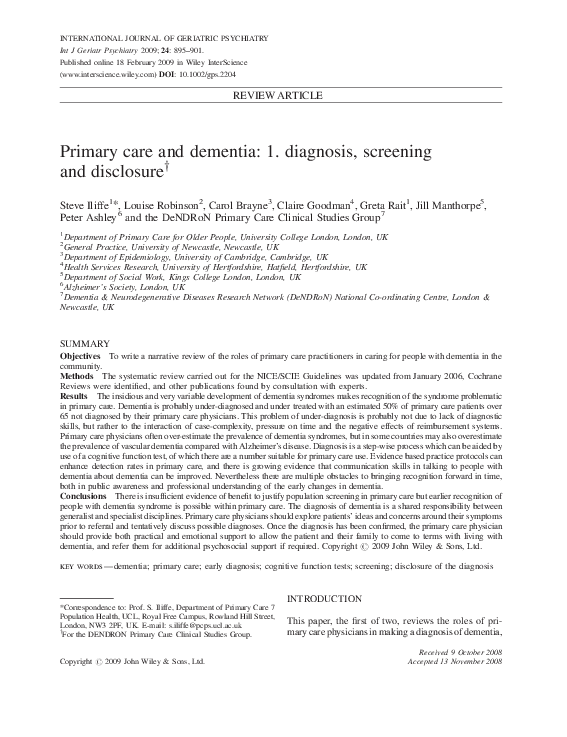(PDF) Primary care and dementia: 1. diagnosis, screening and disclosure