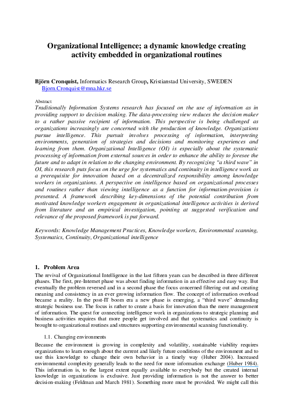(PDF) Organizational Intelligence; a dynamic knowledge creating ...