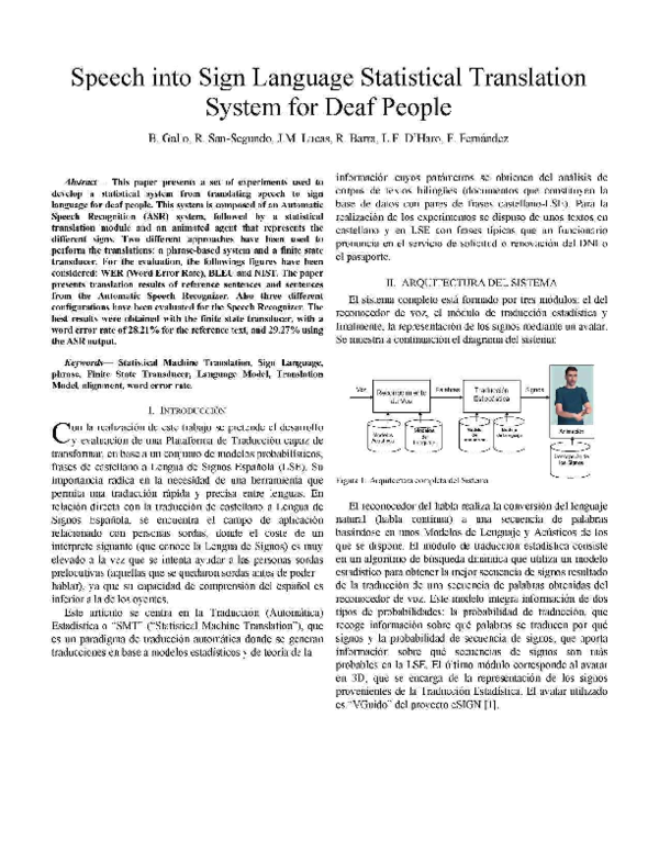 (PDF) Speech into Sign Language Statistical Translation System for Deaf ...