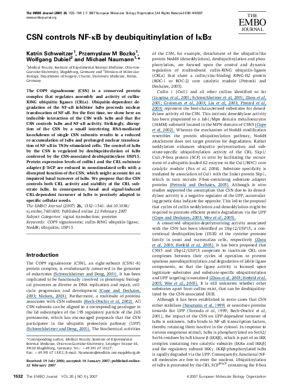 (PDF) CSN controls NF-κB by deubiquitinylation of IκBα