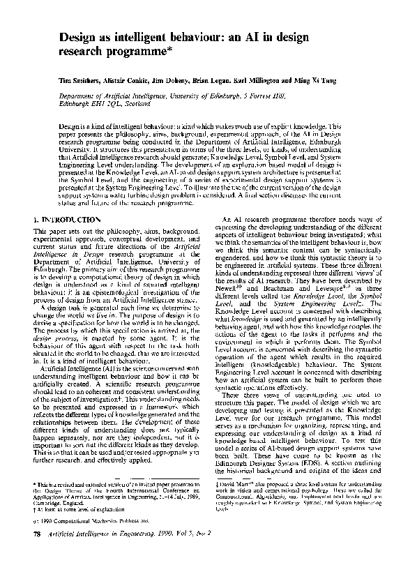 (PDF) Design as intelligent behaviour: An AI in design research programme