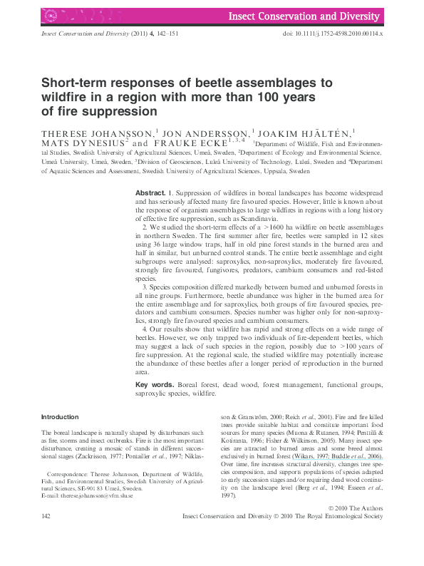 (PDF) Short-term responses of beetle assemblages to wildfire in a ...