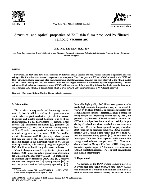 (PDF) Structural and optical properties of ZnO thin films deposited ...