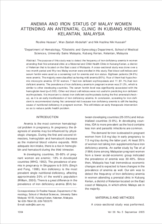 Pdf Anemia And Iron Status Of Malay Women Attending An Antenatal Clinic In Kubang Kerian Kelantan Malaysia Rosline Hassan Academia Edu
