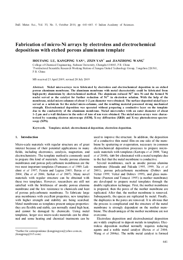 (PDF) Fabrication of microNi arrays by electroless and electrochemical