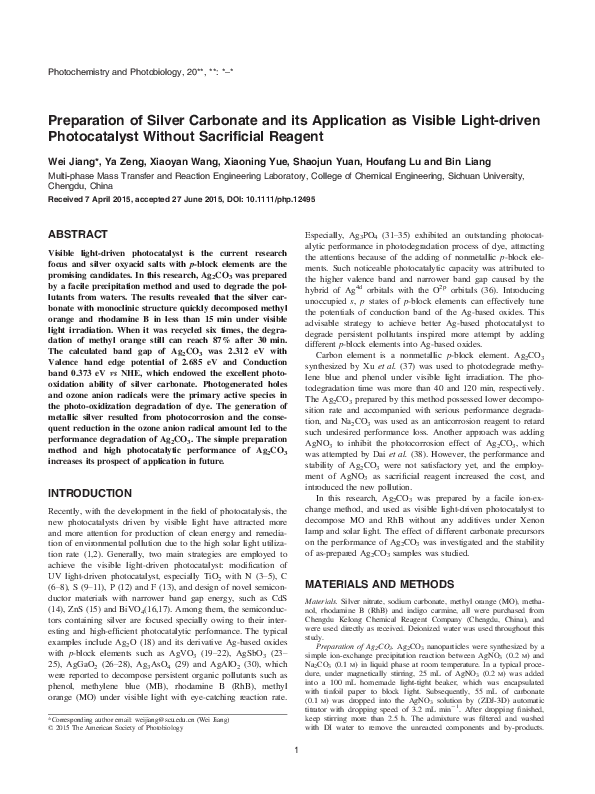 (PDF) Preparation of Silver Carbonate and Its Application as Visible ...