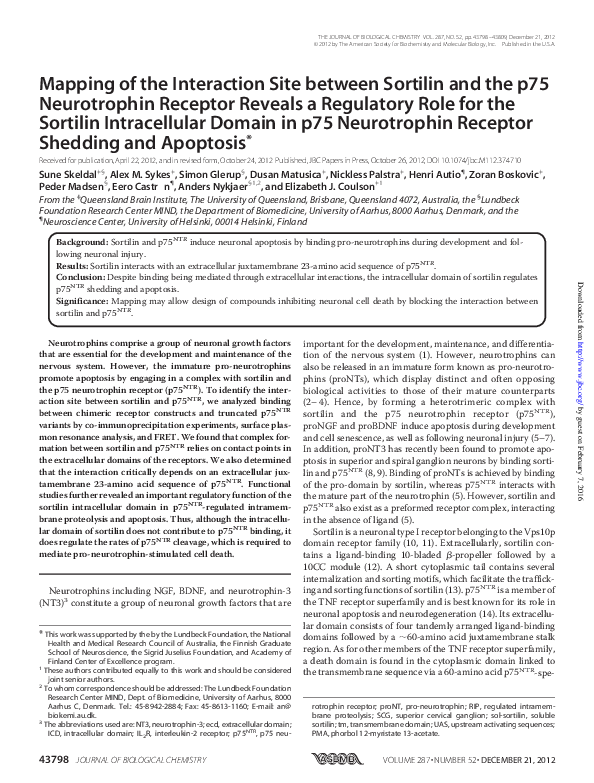(PDF) Mapping of the Interaction Site between Sortilin and the p75 ...