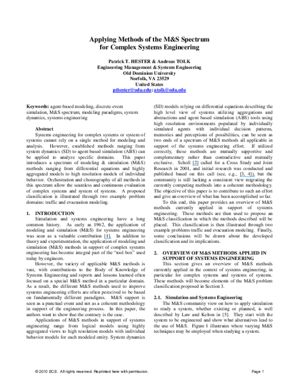 (PDF) Applying methods of the M&S spectrum for complex systems engineering