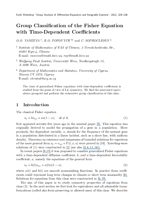 (PDF) Group classification of the Fisher equation with time-dependent ...