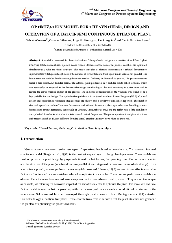 (PDF) OPTIMIZATION MODEL FOR THE SYNTHESIS, DESIGN AND OPERATION OF A ...
