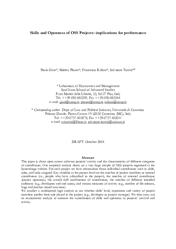 (PDF) Skills and openness of OSS projects: Implications for performance