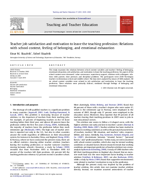 (PDF) Teacher job satisfaction and motivation to leave the teaching ...