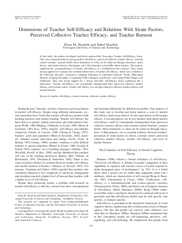 (PDF) Dimensions of teacher self-efficacy and relations with strain ...