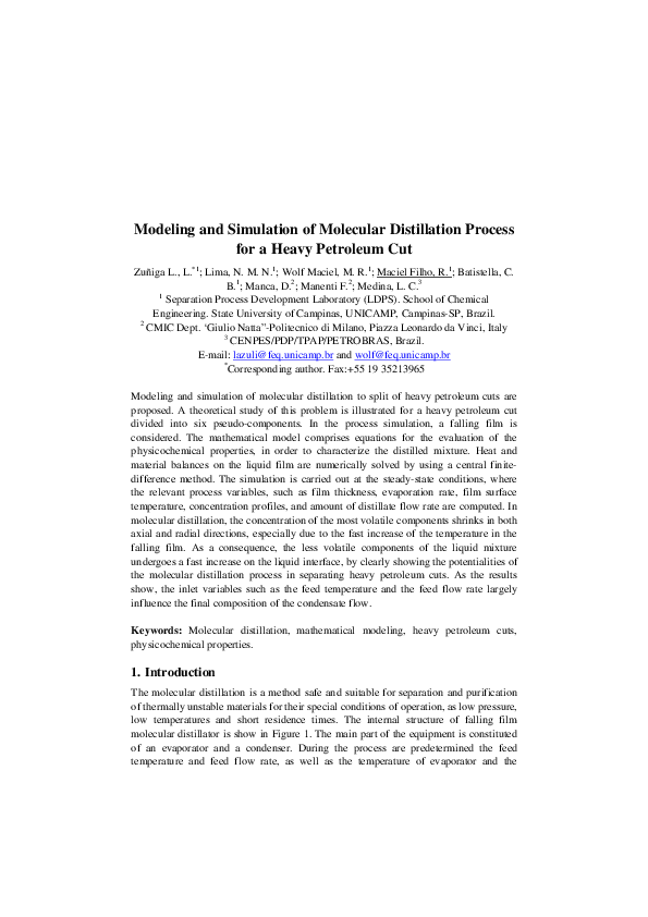 (PDF) Modeling and simulation of molecular distillation process for a ...