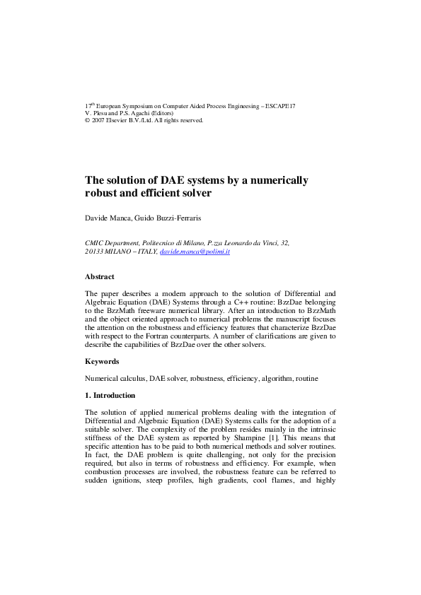 (PDF) The solution of DAE systems by a numerically robust and efficient ...