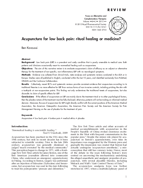 (PDF) R E V I E W Acupuncture for low back pain: ritual healing or medicine