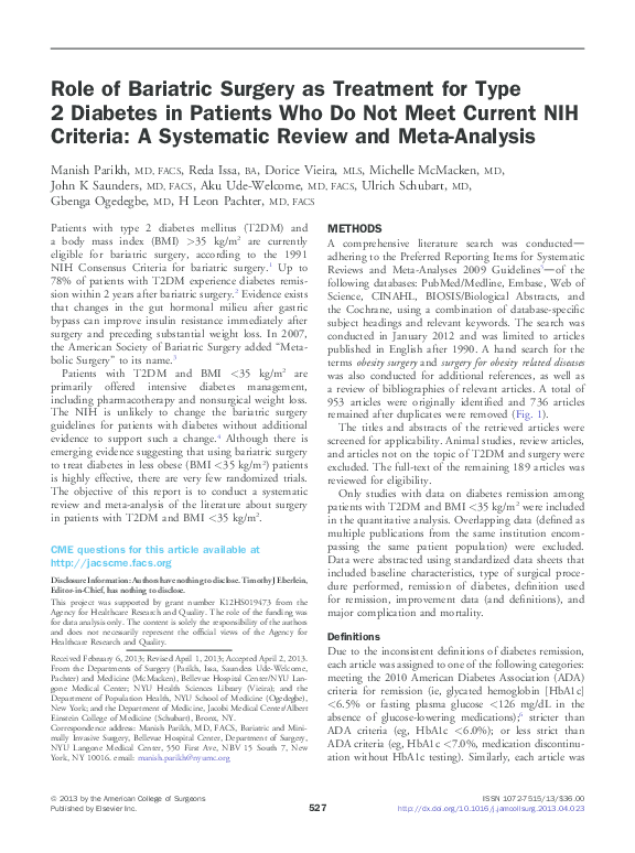 (PDF) Role of Bariatric Surgery as Treatment for Type 2 Diabetes in ...