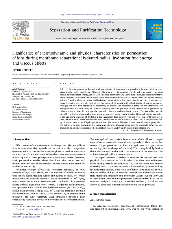 (PDF) Significance of hydrated radius and hydration shells on ionic ...