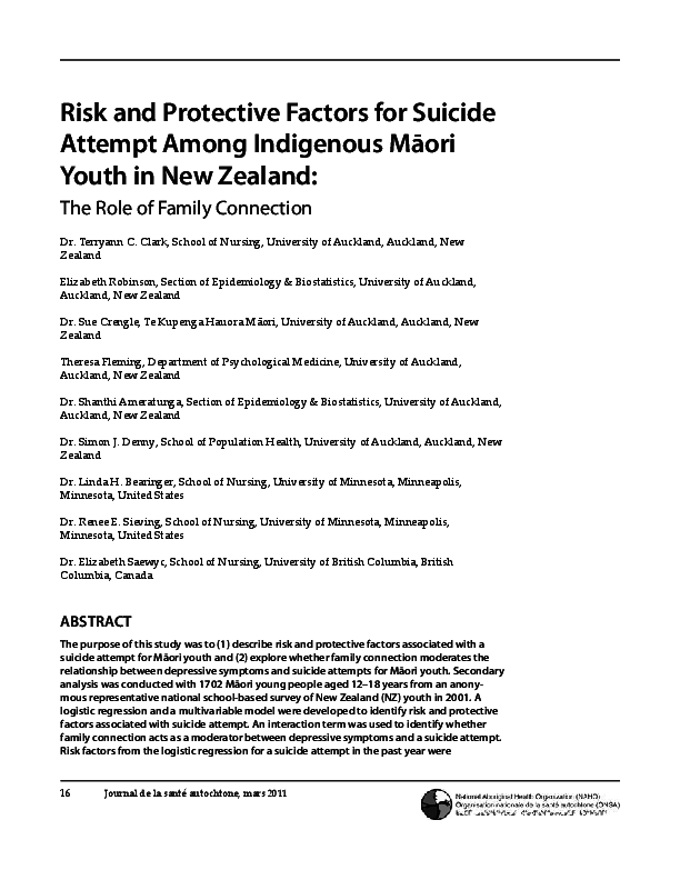 (PDF) Risk and protective factors for suicide attempt among indigenous ...