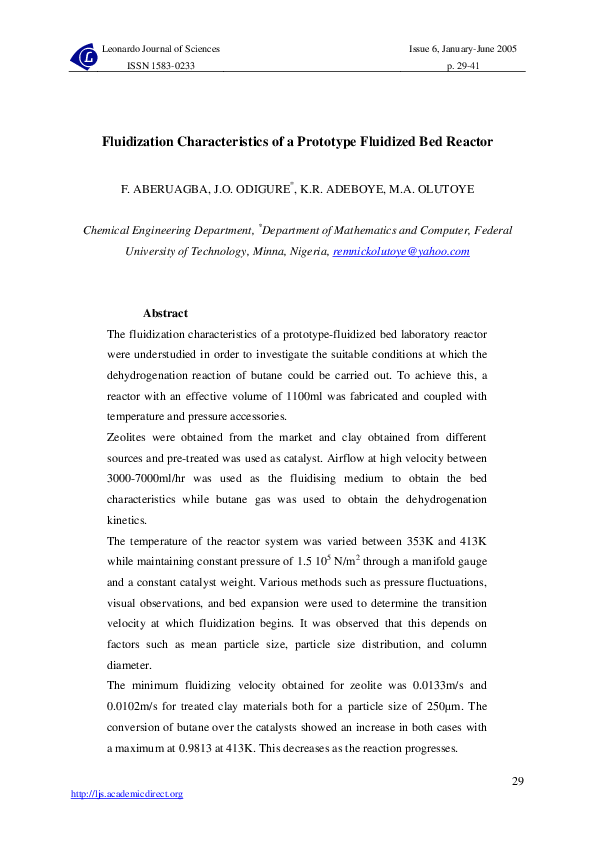 (PDF) Fluidization Characteristics of a Prototype Fluidized Bed Reactor Joseph Odigure