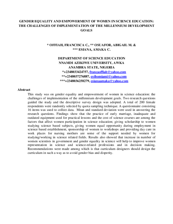 (PDF) GENDER EQUALITY AND EMPOWERMENT OF WOMEN IN SCIENCE EDUCATION