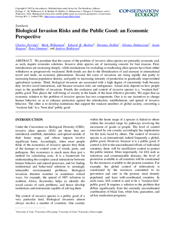 (PDF) Biological Invasion Risks and the Public Good: An Economic ...