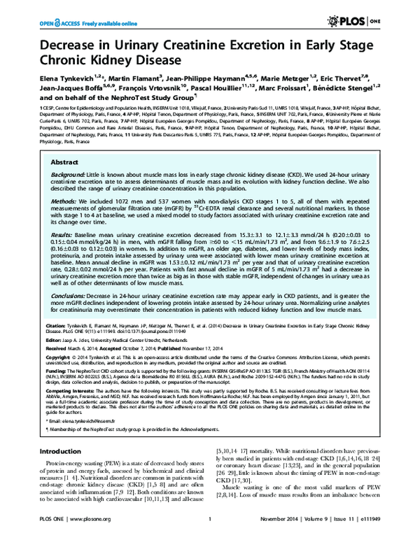 (PDF) Decrease in Urinary Creatinine Excretion in Early Stage Chronic ...