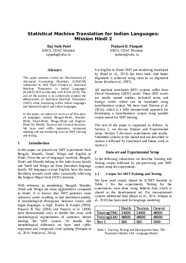 (PDF) Statistical Machine Translation for Indian Languages: Mission Hindi 2