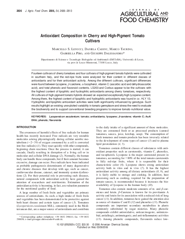 (PDF) Antioxidant Composition in Cherry and HighPigment Tomato