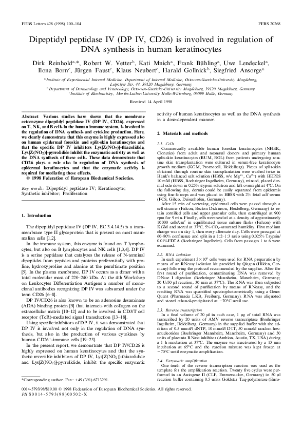 (PDF) Dipeptidyl peptidase IV (DP IV, CD26) is involved in regulation ...