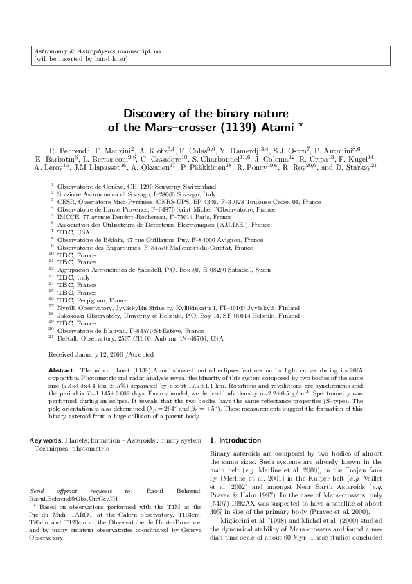 Discovery of the binary nature of the Mars{crosser (1139) Atami