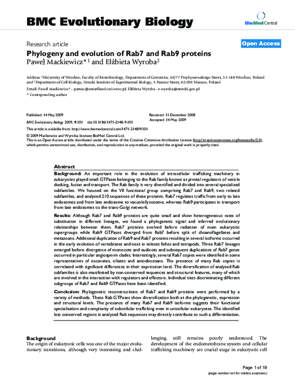 (PDF) Phylogeny and evolution of Rab7 and Rab9 proteins