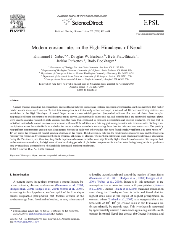 (PDF) Modern Erosion Rates In the High Himalayas of Nepal