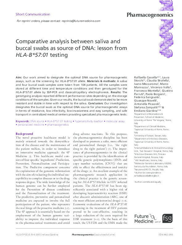 (PDF) Comparative analysis between saliva and buccal swabs as source of DNA lesson from HLAB