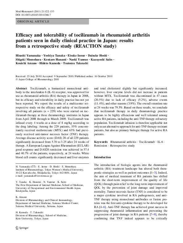(PDF) Efficacy and tolerability of tocilizumab in rheumatoid arthritis ...